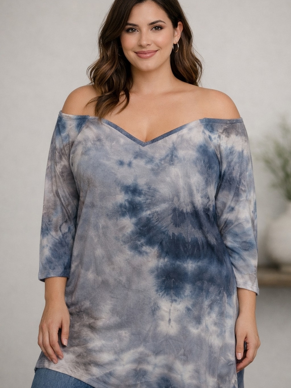Off-Shoulder Tie-Dye V-Neck Tunic - Blue and Gray
